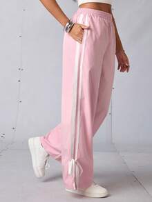 Streetz SHEIN Sport 女士运动裤粉色裤子白色条纹长裤宽松宽松运动裤，运动阔腿慢跑裤，运动服，运动裤，运动服，超大慢跑裤，板网球，网球，匹克球，返校，复古街头服饰，街头风格。学院风，男酷风