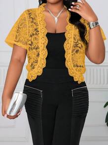 SHEIN Lady Plus Size Solid Color Short Sleeve Lace Jacket, Valentine's Day Gifts, Summer Festival Fall Winter Autumn