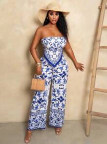 Quần yếm BamGleam mùa hè / kỳ nghỉ bãi biển, áo siêu ngắn in hoa viền bất đối xứng, quần ống rộng siêu dài, bộ hai món - C - Nhiều màu - Xem 5