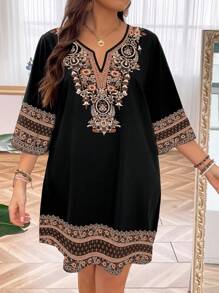 EMERY ROSE Plus Size Women's Vintage Style Embroidery Simple Daily Wear Dress