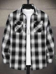 SHEIN Camisa xadrez casual de manga comprida para meninos adolescentes, versátil, com bolso de aba, adequada para deslocamento, escola, dia a dia, férias, esportes, festa, outono/inverno - Multicolorido - Ver 3