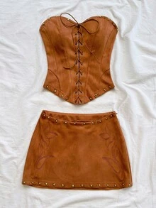 Soleia 女士性感抹胸绒面革铆钉解构短款上衣和低腰迷你裙 2 件套，适合节日派对、圣诞节、约会、夜总会、海滩、游轮、下午茶、波西米亚风、波西米亚风、浪漫花卉、度假 - 棕色 - 查看 5