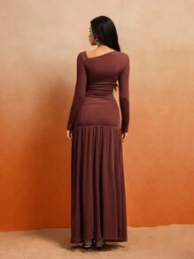 Roylia Set elegant din 2 piese pentru femei, cu tricou și fustă midi, culoare solidă, guler asimetric, mânecă lungă - Maro ruginiu - Vizualizare 3