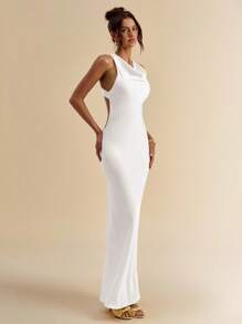 SHEIN BAE 女式夏季纯黄色垂坠领露背缎面连衣裙 - 白色 - 查看 6