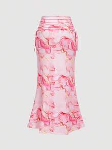 SHEIN MOD Pink Slim Fit Mermaid Hem Long Skirt With Side Drawstring Details, Date, Party, Prom, Birthday, Tea Party Attire, Date Wear,Halloween Clothes Women,Holiday Outfits For Women