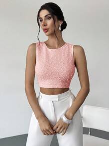 Firerie Women's Apricot Crew Neck Sleeveless Backless T-Shirt Top, Textured Fabric Top, Summer Top, Women's Casual Holiday Top