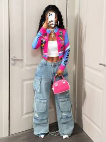 BamGleam 女式摩托车字母印花短款轻便夹克