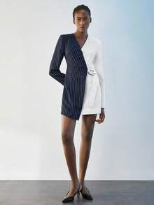 Maija 女式条纹拼接长袖金属腰链时尚迷你连衣裙 - 黑與白 - 查看 3