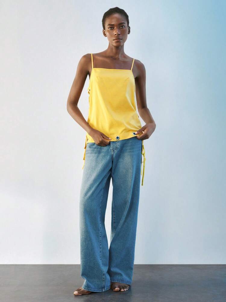 SHEIN Maija Autumn Yellow Women's Eyelet Decor Camisole, Versatile Casual Urban Fashion Design, Comfortable Loose Fit, Suitable For Music Festivals, Halloween, Christmas, Parties, Cold Shoulder Top Bohemian Style Vacation Wear, Summer Ins Celebrity Same Style Vacation Style, Exotic Atmosphere, Country Concert, Western Style Clothing, High-Grade Fabric, Comfortable And Breathable Low-Key And Durable Basic Style, All-Match And Suitable For Everyone, Street Fashion Wear, Coffee Shop Wear, Relaxed Wear All-Seas