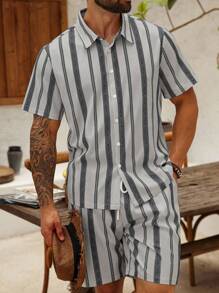 ResortEase Plus Size Men's Casual Striped Shirt And Shorts Set