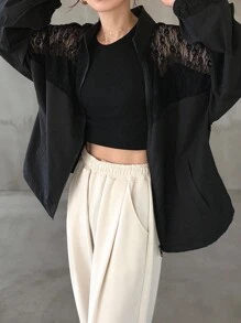 FRIFUL Áo khoác ren chắp vá thường ngày dành cho nữ - màu đen - Xem 1