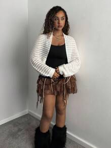 StreetHx Áo khoác cardigan mỏng dài tay móc đơn sắc thường ngày dành cho nữ, mùa thu/đông - Màu be - Xem 4