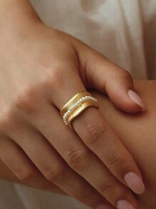 Opalesca 1 件珍珠/珍珠母，纹理，金属/金属质感，串珠 18k 金叶珠开口戒指，优雅，可爱，奢华，派对，休闲，工作，婚礼，节日，度假，露营，Y2K/妈妈/女士/女孩/秋季/秋季/冬季/节日/假日/度假/老钱/万圣节