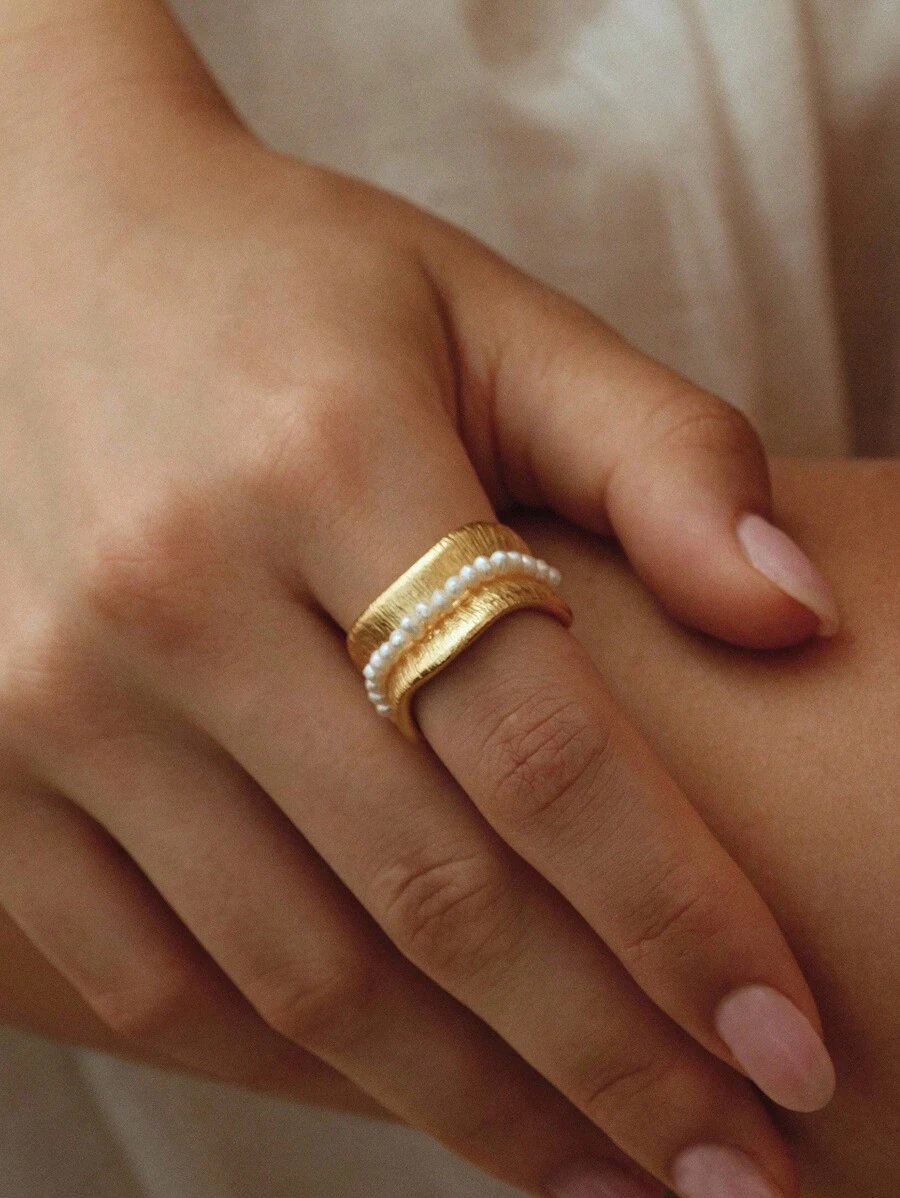 Opalesca 1 件珍珠/珍珠母，纹理，金属/金属质感，串珠 18k 金叶珠开口戒指，优雅，可爱，奢华，派对，休闲，工作，婚礼，节日，度假，露营，Y2K/妈妈/女士/女孩/秋季/秋季/冬季/节日/假日/度假/老钱/万圣节