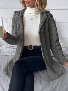 SHEIN Clasi 秋冬女士纯色简约日常长袖连帽纹理羊毛夹克 - 深灰色 - 查看 6