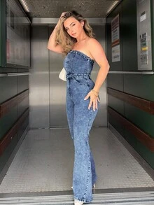 Jeta Ari 女士休闲牛仔连体裤，简约时尚日常穿着 - 中等水洗藍 - 查看 5