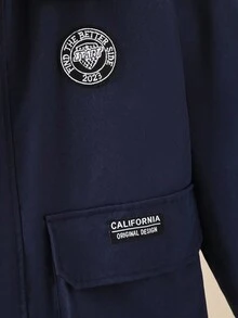 SHEIN 男童休闲加厚连帽派克大衣，带大口袋，适合2025年返校季，学院风和校园运动装，秋冬季时尚之选 - 寶藍色 - 查看 3