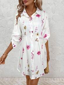 SHEIN Clasi 女士花卉印花衬衫裙，秋冬时尚百搭通勤连衣裙 - 彩色 - 查看 4