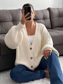 SHEIN Tall Tall Size Women Casual Plain Solid Color Long Sleeve Button Front Ribbed Loose Knit Cardigan Petite Everyday Home White Autumn - Beige - View 3