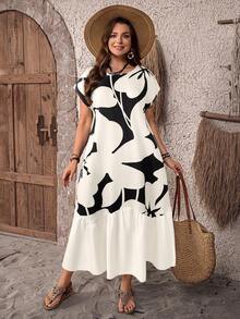 EMERY ROSE Plus Size Vintage Bohemian Solid Floral Print Patchwork Hem Dress, Spring/Summer Bohemian Fall Clothes For Women