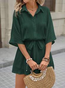 Brillora Bộ đồ liền thân rộng rãi đơn hàng khuy đơn tay cánh dơi màu trơn cho nữ - Màu xanh lá cây đậm - Xem 4
