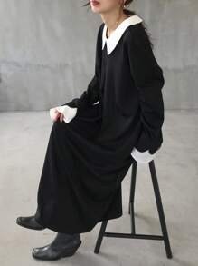FRIFUL Women's Color Block Long Sleeve Loose Oversized Dress Black Dress Women Modest Dress Funeral Dress Church Dress Prayer Dress