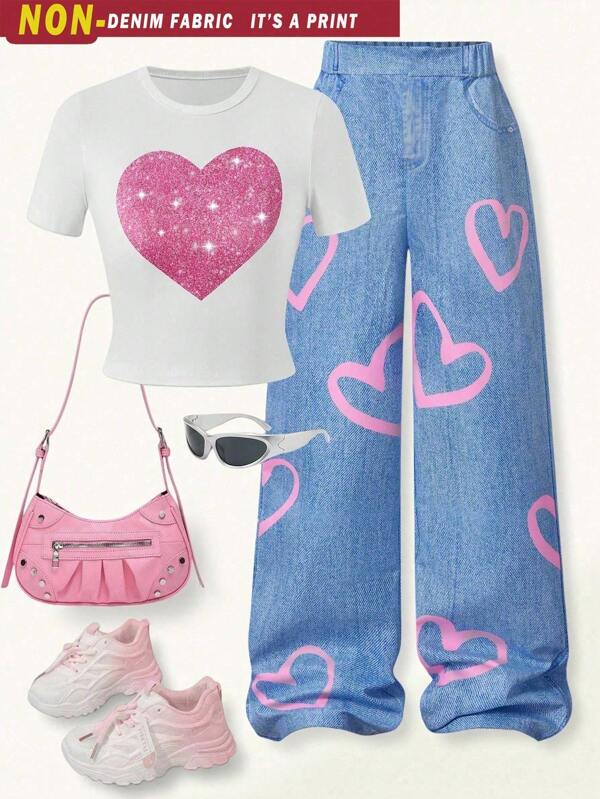 SHEIN 2pcs/Set Teen Girl Summer Casual Chic Heart Pattern T-Shirt & Heart Print Wide Leg Pants Set Spring/Summer/Autumn, Vacation & Daily Wear Youth Girls Clothes