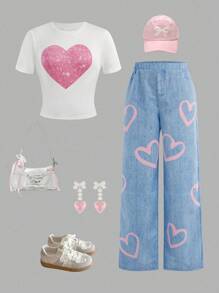 SHEIN 2pcs/Set Teen Girl Summer Casual Chic Heart Pattern T-Shirt & Heart Print Wide Leg Pants Set Spring/Summer/Autumn, Vacation & Daily Wear Youth Girls Clothes