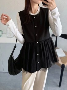 FRIFUL Jaket Kasual Longgar Serbaguna Wanita Warna Hitam Polos dengan Patchwork Jala Transparan, Cocok untuk Mantel Wanita Musim Gugur - Hitam - View 4