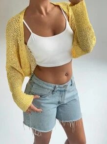 SHEIN Unity 女士长袖短款开衫，海滩度假时尚单品 - 黃色 - 查看 5