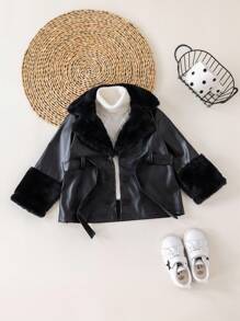 TaviRue Mommy And Me Matching Outfits(2 Pieces Are Sold Separately)Babygirl Cute Black PU Leather Jacket With Fleece Collar, Back To School,Autumn/Winter Fall - Black - View 8