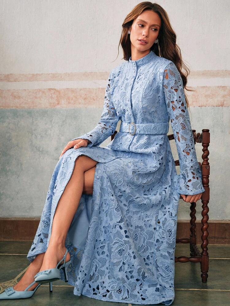 Blue Stand Collar Flare Sleeve Belted Floral Dress For Women, Autumn/Winter