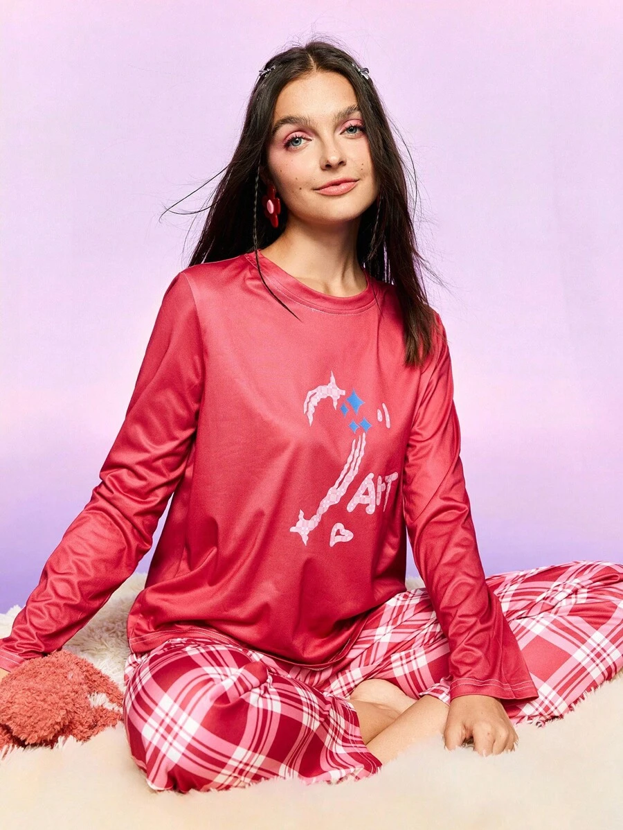 女士字母印花休闲家居服套装、上衣和裤子 - 粉色 - 查看 1