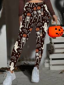 INAWLY Leggings femininas com estampa de esqueleto e fantasma para Halloween - Multicolorido - Ver 3