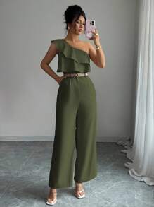Elenzga Women's Vacation Style Office Commute Beach Party Oblique Shoulder Double Ruffle Waist Straight Loose Jumpsuit, Suitable For Spring/Summer - Army Green - View 3