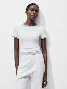 Lumivelle Business Casual Womanfall Clothes Women's Fashion Commuter Slim Fit Short Sleeve 2 In 1 Contrast Color Top All White Clothes For University - White - View 4