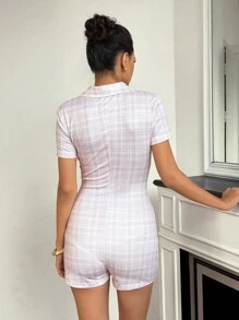 Chiquease Bộ đồ liền thân kẻ caro cài nút thoải mái, dễ mặc cho nữ, trang phục mùa hè, phù hợp cho trường đại học - Hồng - Xem 2