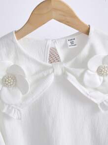Blusa casual a maniche lunghe con bordo in pizzo per ragazze, camicia elegante con colletto ricamato a fiori per uscite, top bianco semplice - Bianco - Visualizzare 4