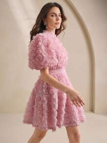 Anewsta 女士甜美优雅泡泡袖连衣裙，修身剪裁，高品质法式风格，适合春夏、情人节、生日等场合。 - 粉色 - 查看 4