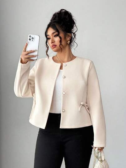 Elenzga Plus Size Women Casual Elegant Retro Loose Tie Bow Decor Long Sleeve Jacket, Cardigan Coat Fall Winter Cloth For Women Autumn