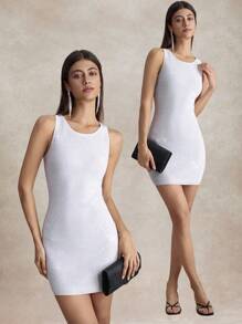 Briarwyn Váy bó sát mini không tay đính đá Rhinestone thanh lịch dành cho nữ, trang phục dự tiệc đêm mùa thu sang trọng - Bạc - Xem 5