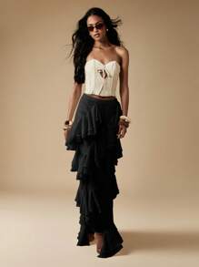 MISSGUIDED 夸张荷叶边层叠雪纺阔腿裤，个性晚装，适合各种场合的阔腿裤，适合派对穿着 - 黑色 - 查看 5