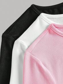 SHEIN Girlism Bộ 3 áo thun tay dài cổ tròn màu trơn cho bé gái tuổi teen - Hồng - Xem 3