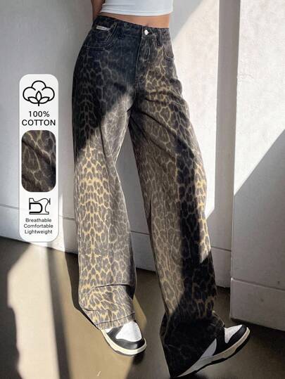 Dazy Tall Women's Leopard Print Loose Casual Street Style Jeans, Tall