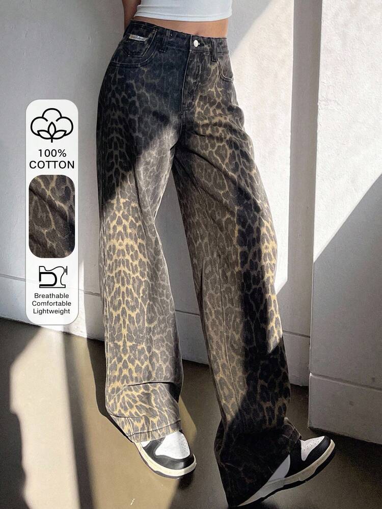 Women's Leopard Print Loose Casual Street Style Jeans, Tall
