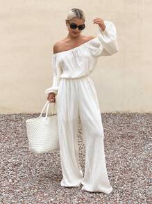Livesso 新款秋季宽松休闲度假棉麻露肩女装两件套 - 白色 - 查看 3