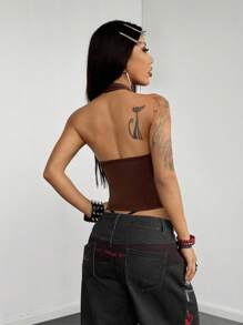 StreetHx Women's Hollow Out Design Single-Breasted Sexy Metal Decor Halter Top, Brown Top, Brown Halter Top, Fall Women Clothes