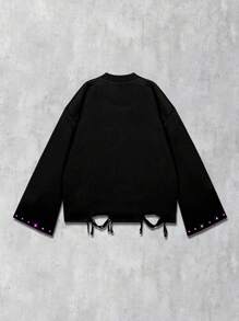 ROMWE MEN Grunge Punk 2000 年代风格复古朋克贴片刺绣超大长袖 T 恤，秋季男士 - 黑色 - 查看 2