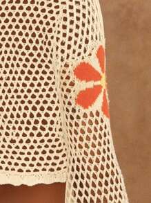 Swim Chiccia Women Beige Summer Boho Beach Holiday Colorful Floral Print Cover Up,Vintage Countryside Sweet Hollow Out Mesh Knit Top,V-Neck Long Flare Sleeve Top - Multicolor - View 4