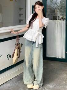 DAZY 女士方领休闲泡泡袖韩版清新休闲短袖衬衫，娃娃装上衣 - 白色 - 查看 5